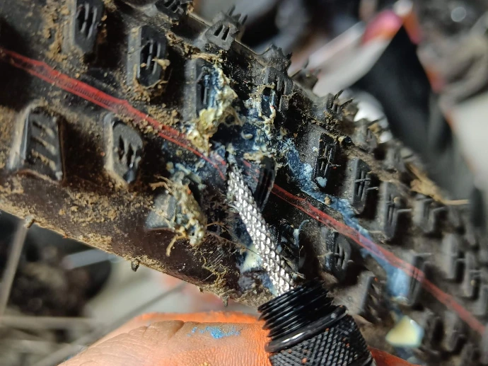 Bande de roulement d'un pneu racing ray/ralph qui est coupé et fuit