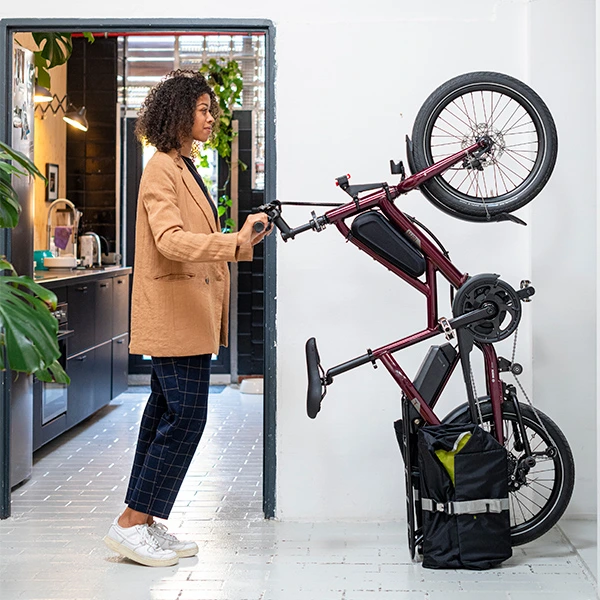 un vélo tern quick haul stationné verticalement dans un couloir